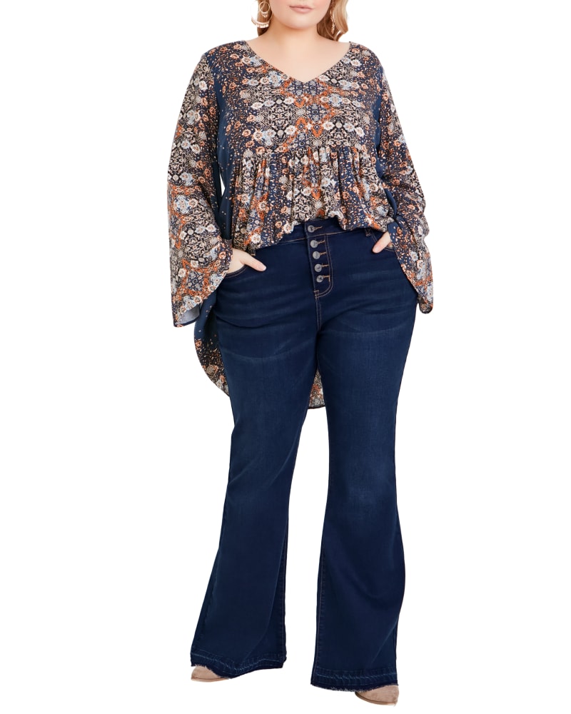 Front of a model wearing a size 28 Harmony Flare Jean in Dark Wash by Aveology. | dia_product_style_image_id:303228